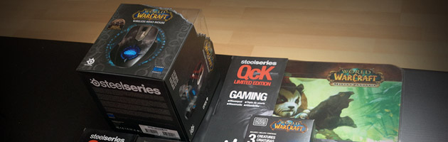 Lot 1 : souris MMO, tapis de souris Steelseries, gobelet WoW et Mega bloks