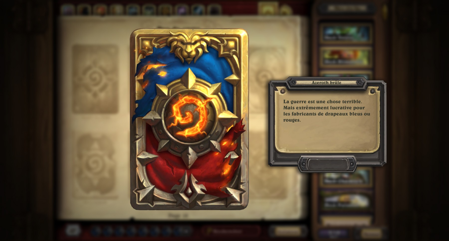 Dos de carte Hearthstone « Azeroth brûle » en jeu