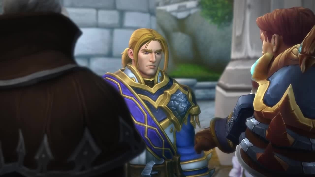 Anduin, Genn et Shaw derrière le monument à Hurlevent