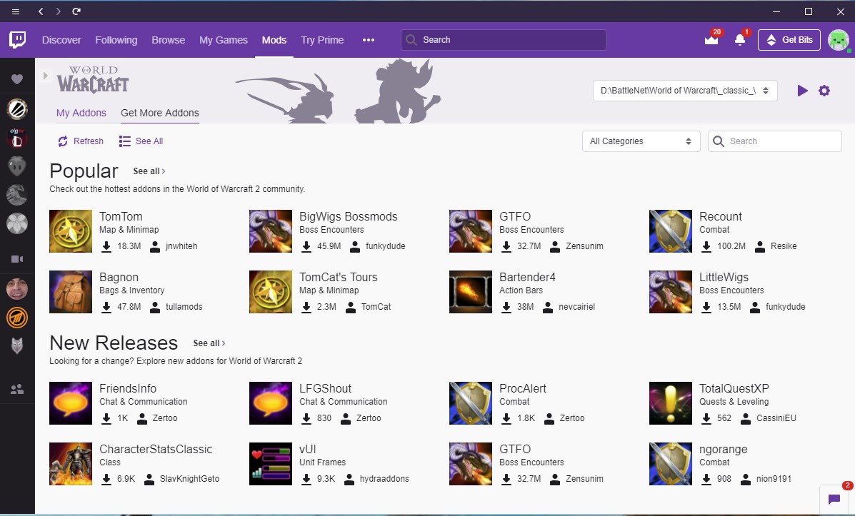 Selection des Addons WoW Classic sur Twitch