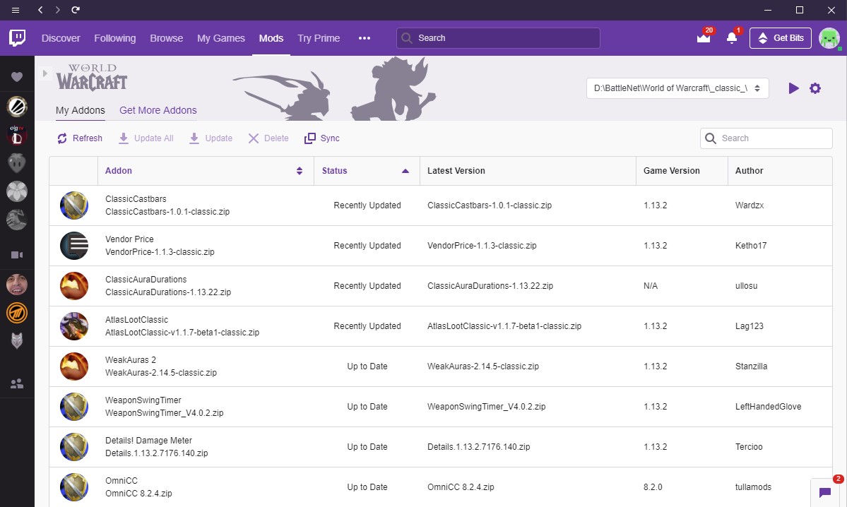 Mise à jour des Addons WoW Classic sur Twitch