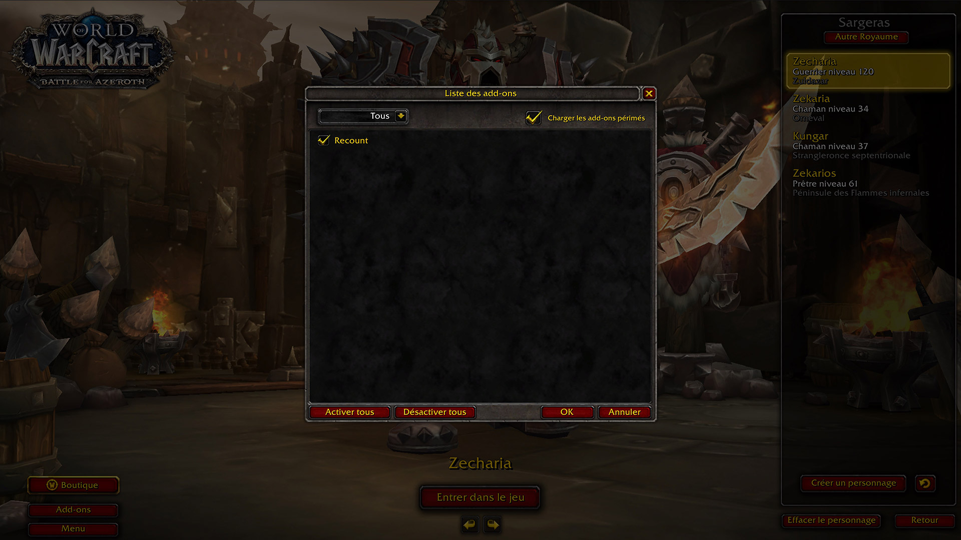Activez et désactivez vos addons à l'écran de sélection de personnage