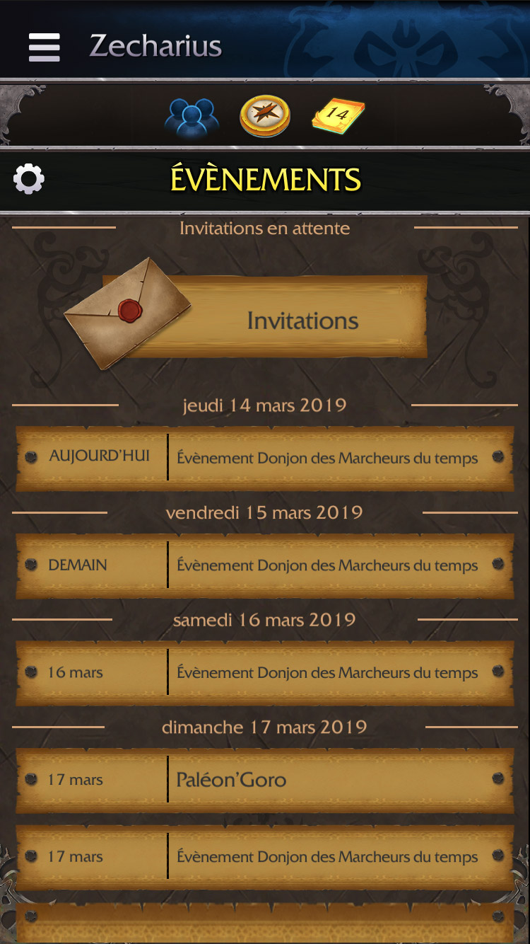 Calendrier dans l'application WoW