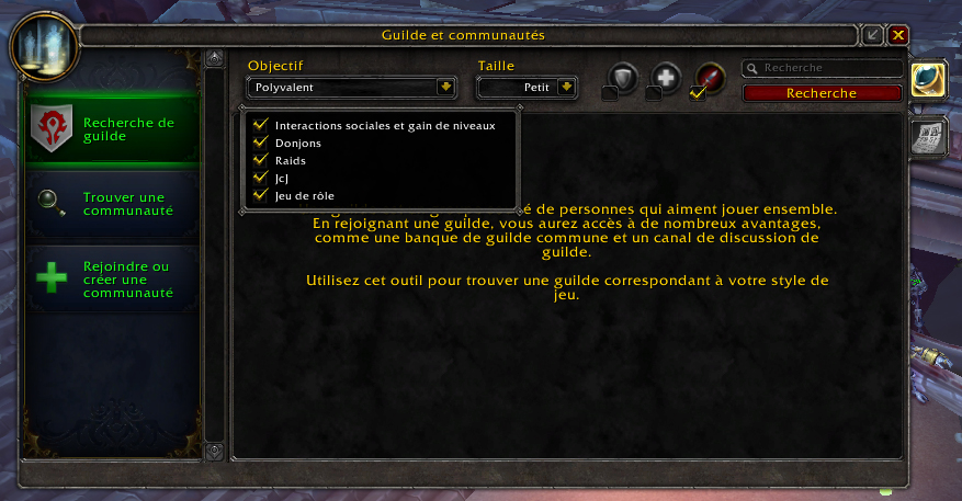 Nouvelles options de recherche de guilde dans BFA