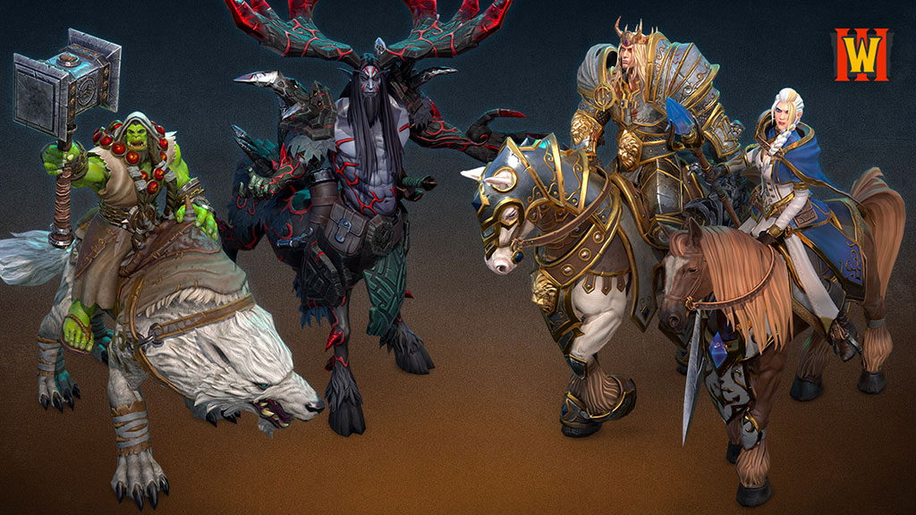 Skins Champion de la Horde Thrall, Cénarius du Cauchemar d'émeraude, Arthas, et Jaina Portvaillant