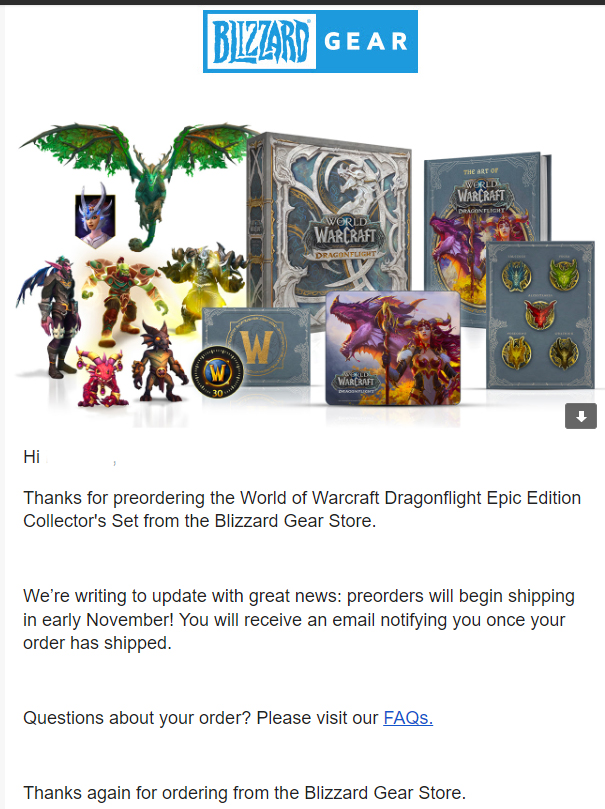 Email de Blizzard informant les clients que le collector Dragonflight sera envoyé début novembre
