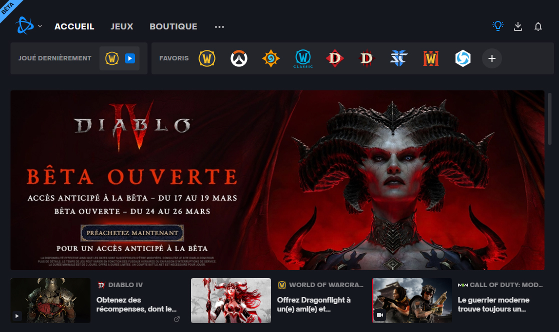 Launcher Battle.net (bêta) : une nouvelle page d'accueil mise en place