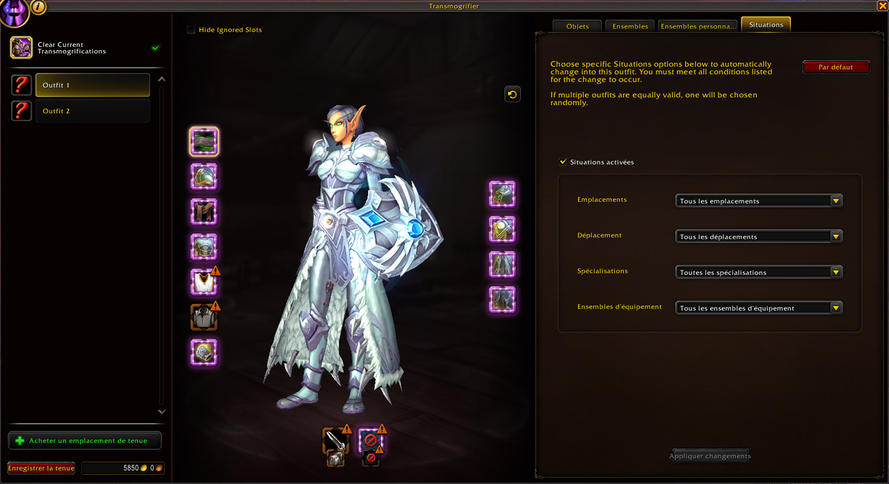 Transmogrification : les options de l'onglet Situations